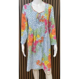 Caroline Hill‎ Women's S Blue Dress Shift Pintuck Leopard Print Tropical Floral